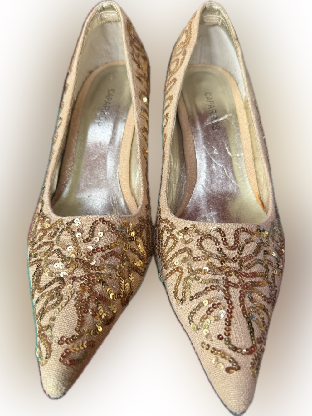 Caparros Gold and Tan Sequin Pointed Toe Mules